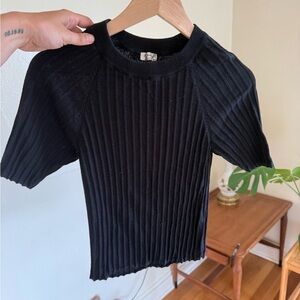 Black Ribbed Short Sleeve Sweater
